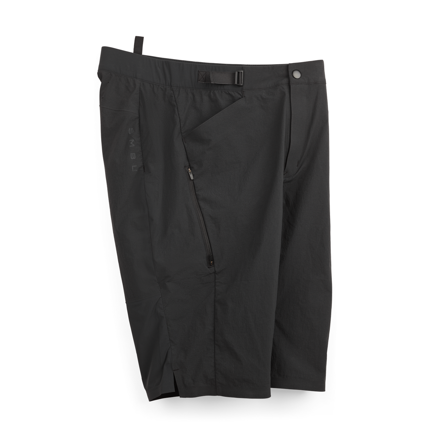 Flywheel MTB Short in black, side view showing tapered leg and thigh zip